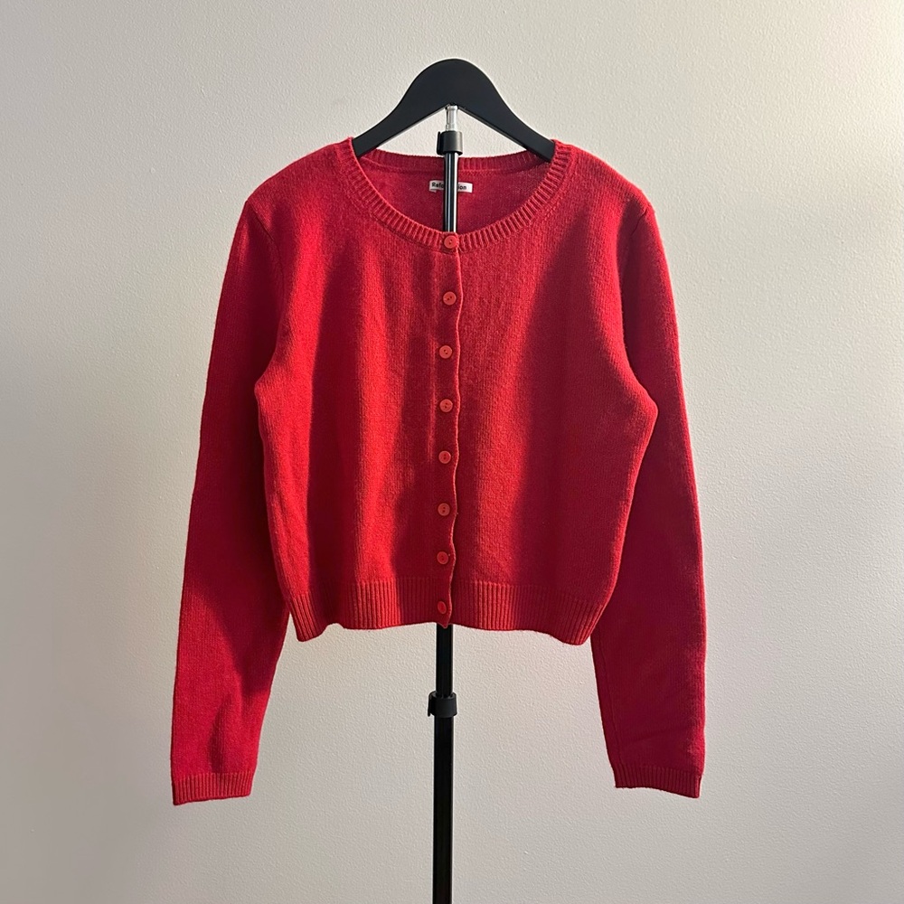 Reformation Clara Red Cropped Cashmere Crew Neck Cardigan Size L